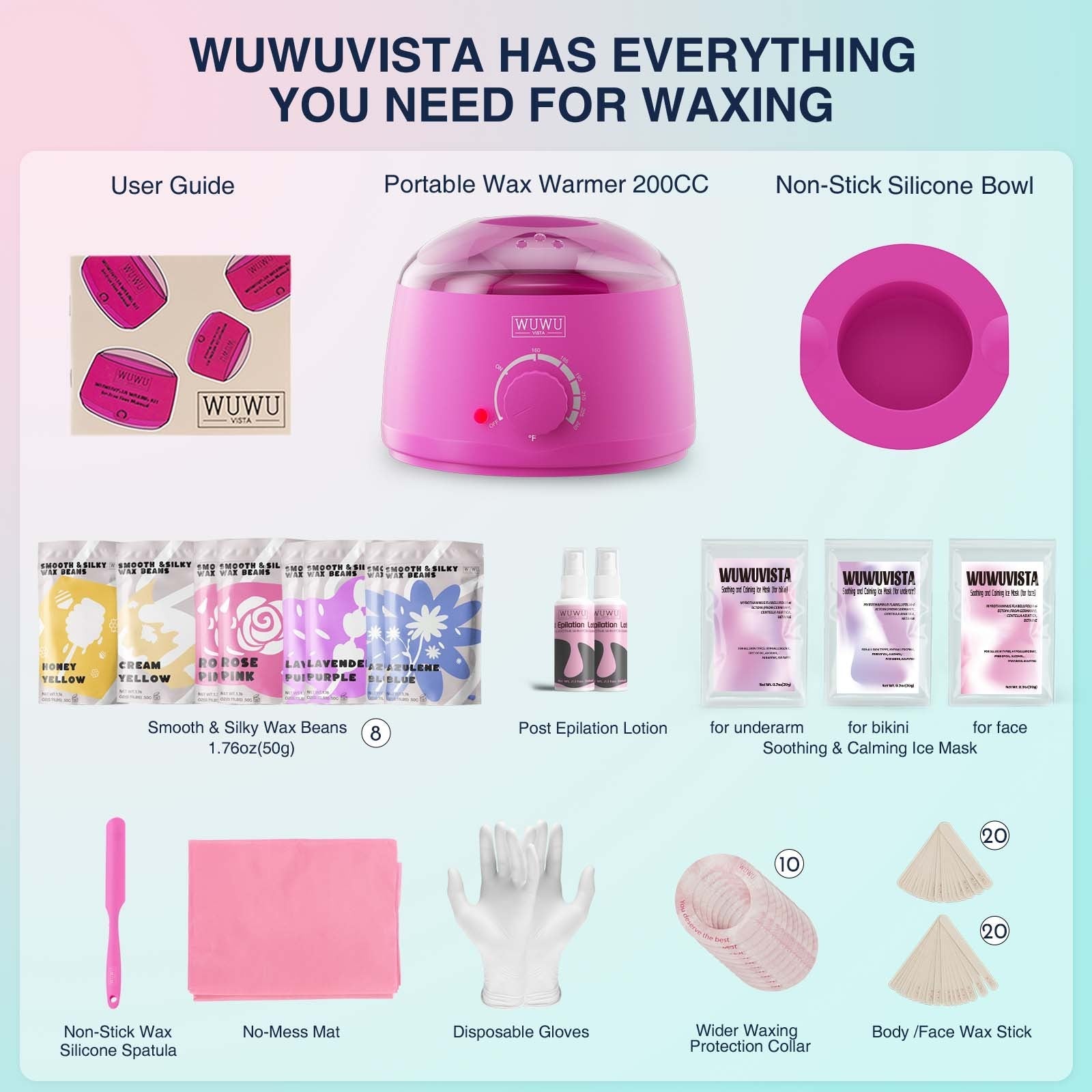 Waxing Kit WUWUVISTA 69 Items Hair Removal Wax Kit With Wax Warmer Waxing Beads For Face, Brazilian, Full Body, Bikini, Sensitiive Skin Skin Suitable For Plugs Of American, European Specification SchmuckNeu