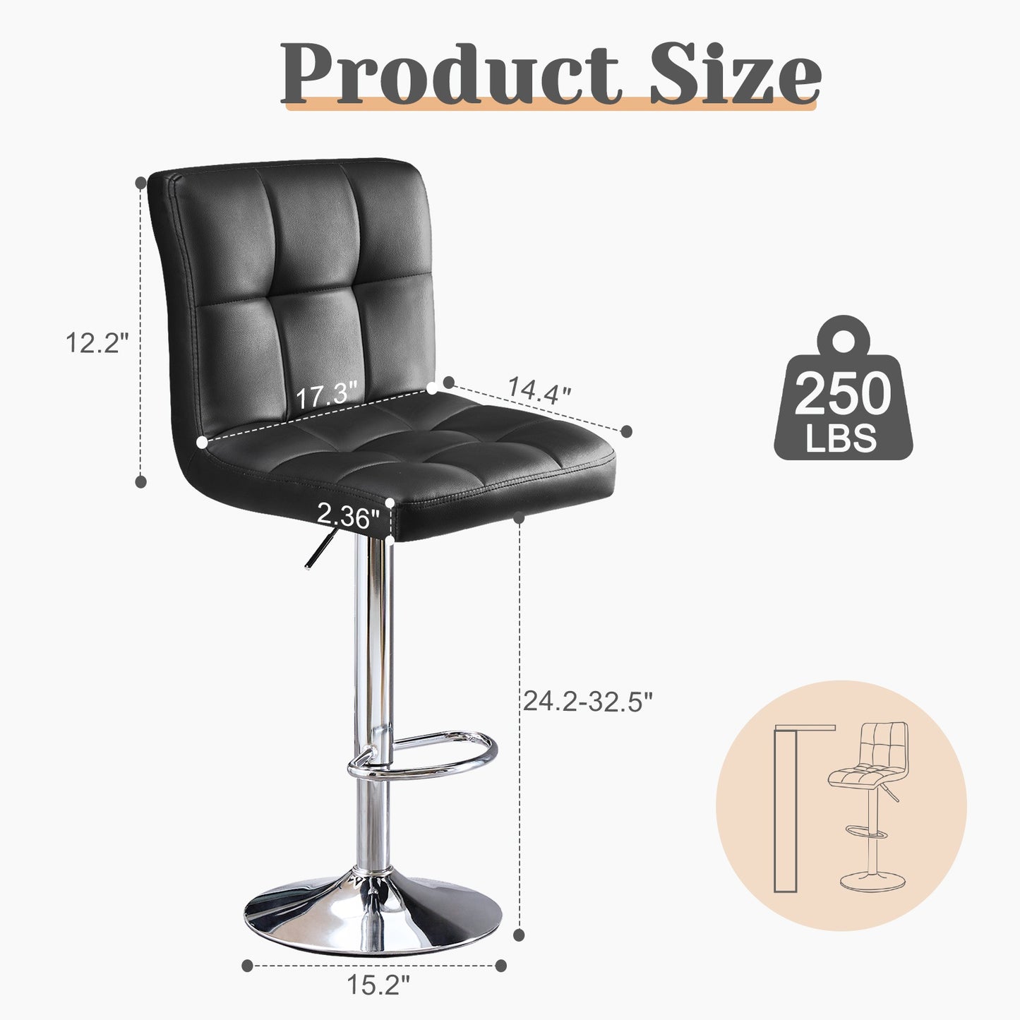 bar stools set of 4, counter height barstools,square seat cushion barstool with back, height adjustable pu leather swivel barstool ,white