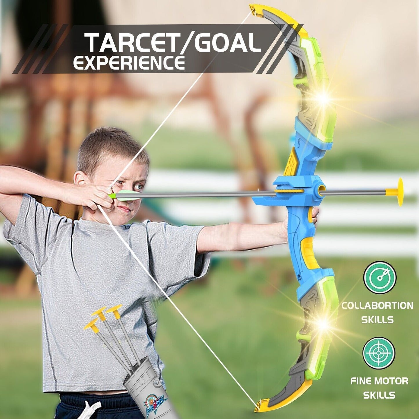 de bow & arrow toy set, led-lit archery toy,10 suction cup arrows, targets and arrow holders, indoor and outdoor children's toys suitable for boys and girls.logistics is randomly sent by dhl,dpd