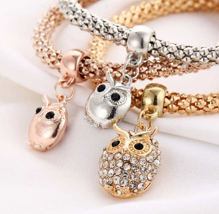 3 pieces set crystal bead bracelet for women decorated with crystal owl charm - lunastein