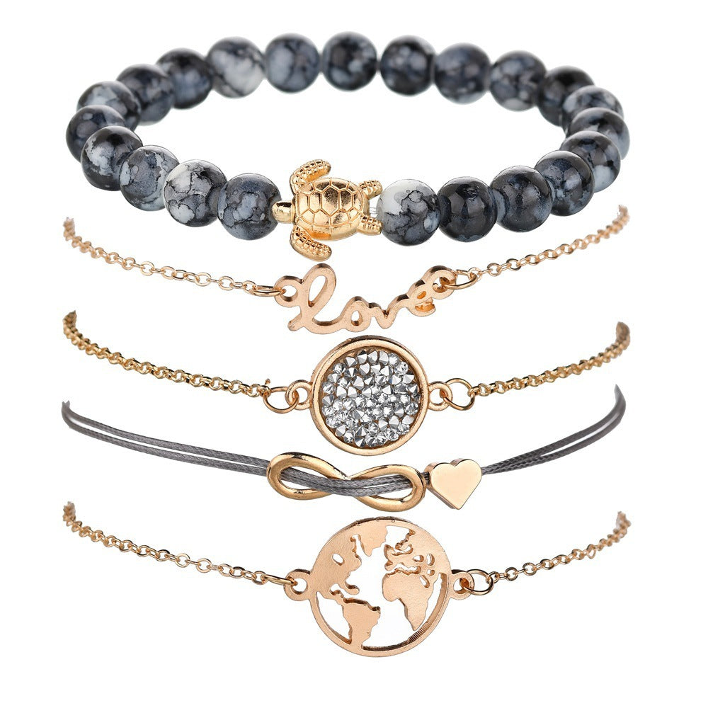 vintage turtle heart map charm bracelets set for women 2 new design stone beads infinite bracelet boho jewelry wholesale - lunastein
