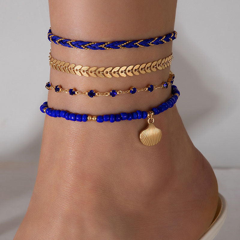 4pcs set bohemian woven rope foot chain for men and women geometric alloy black beads dropping oil anklet set summer fashion jewelry - lunastein