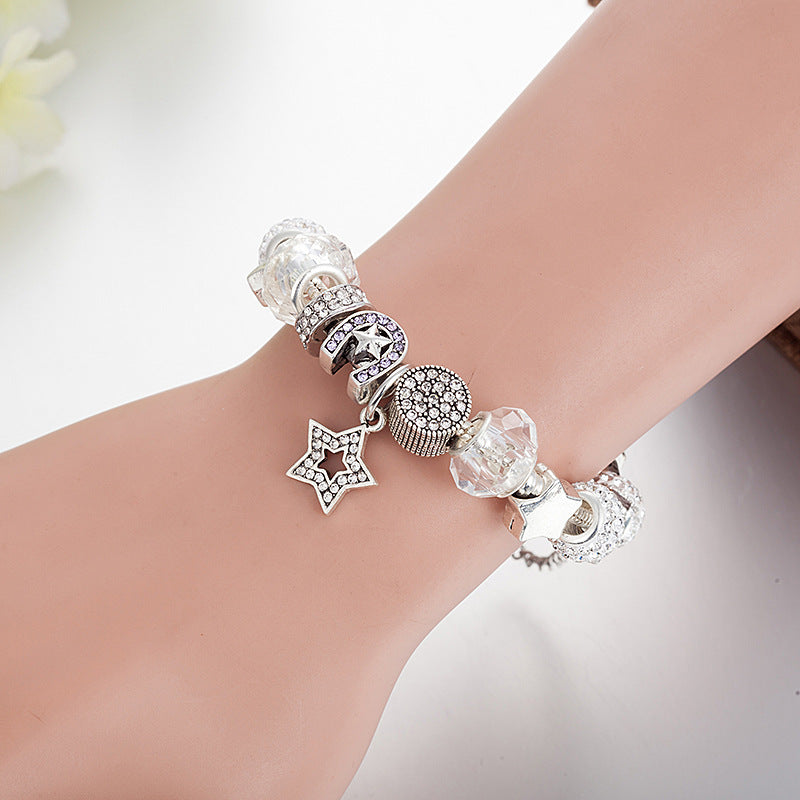 blütenherz - elegantes damen-charm-armband mit stern & kristallen – silberfarben - lunastein