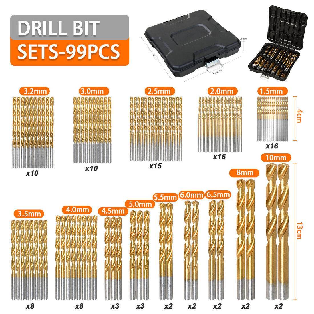99X Titan HSS Spiralbohrer Stahl Bohrer Satz Werkzeug Set Metallbohrer 1.5-10mm Love Local Jewelry