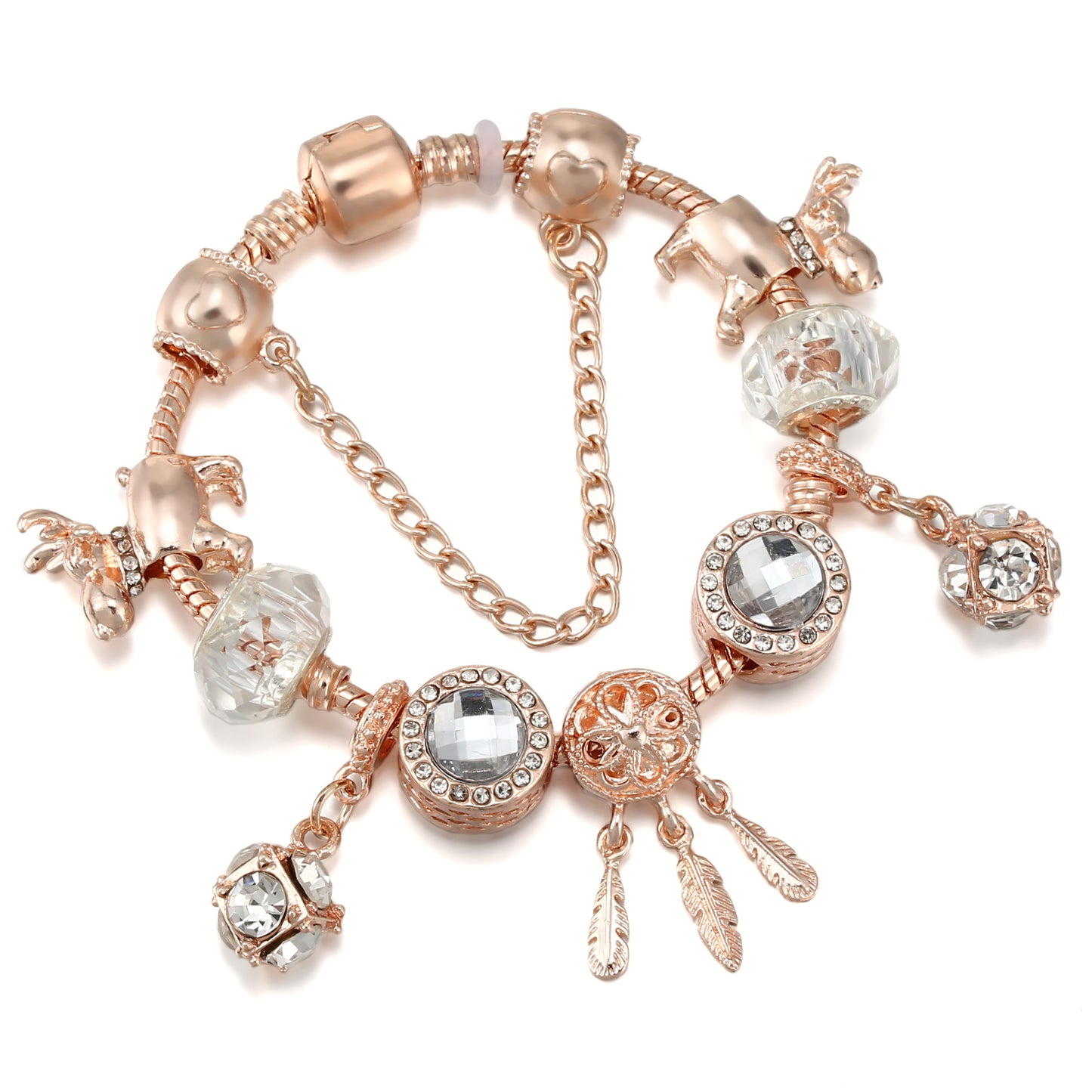 dreamcatcher tassel bracelet – roségoldenes damenarmband mit charms & krone - lunastein