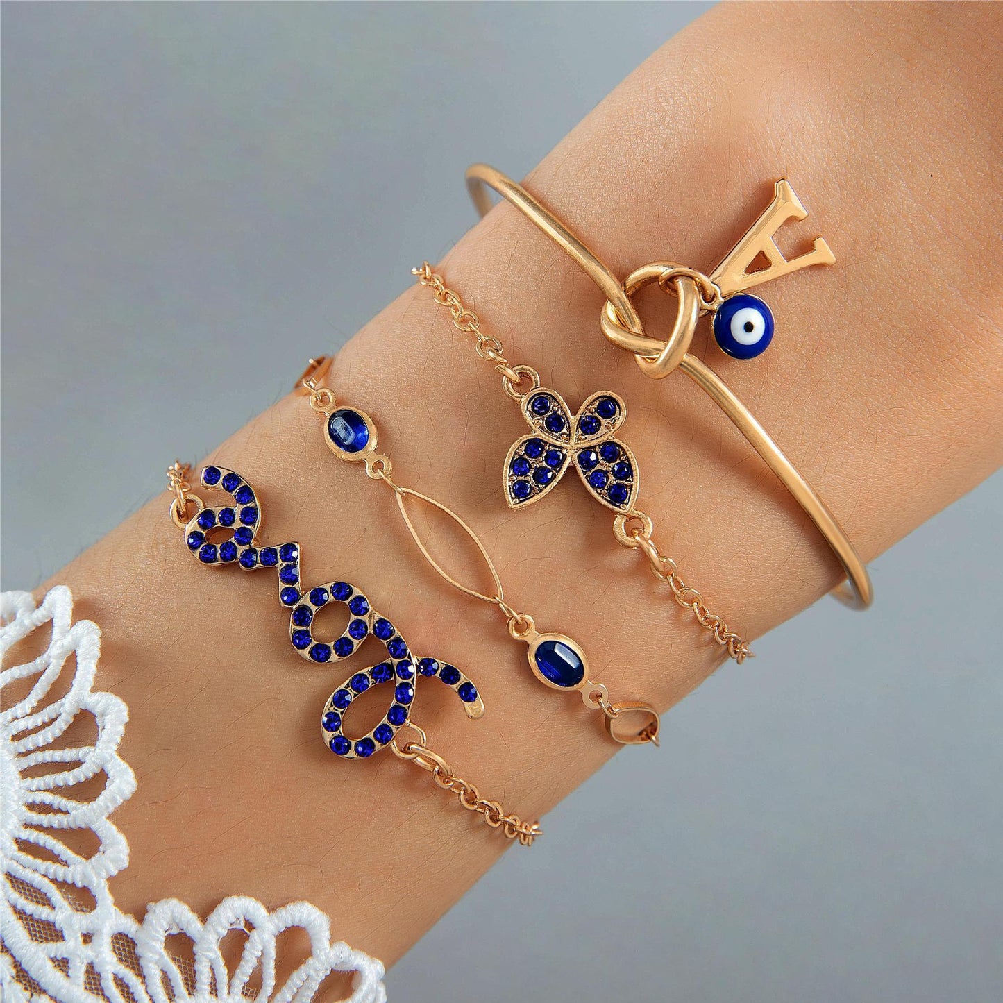 4pcs blue flower love butterfly bracelet set with rhinestones design valentines day - lunastein
