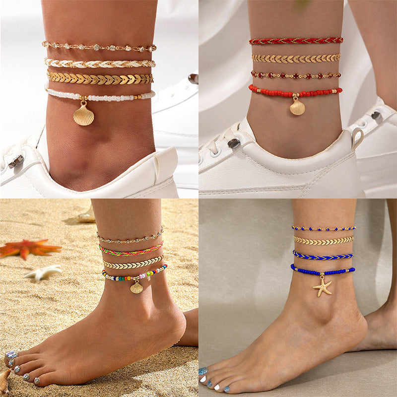 4pcs set bohemian woven rope foot chain for men and women geometric alloy black beads dropping oil anklet set summer fashion jewelry - lunastein