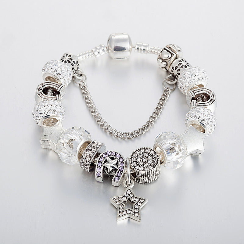 blütenherz - elegantes damen-charm-armband mit stern & kristallen – silberfarben - lunastein