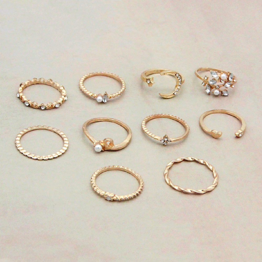 bohemian fashion star moon love pearl leaf 10-piece ring - lunastein
