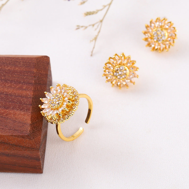 classic charm sunflower flower stainless steel necklace earrings fashion exquisite micro seed jewelry ring - lunastein