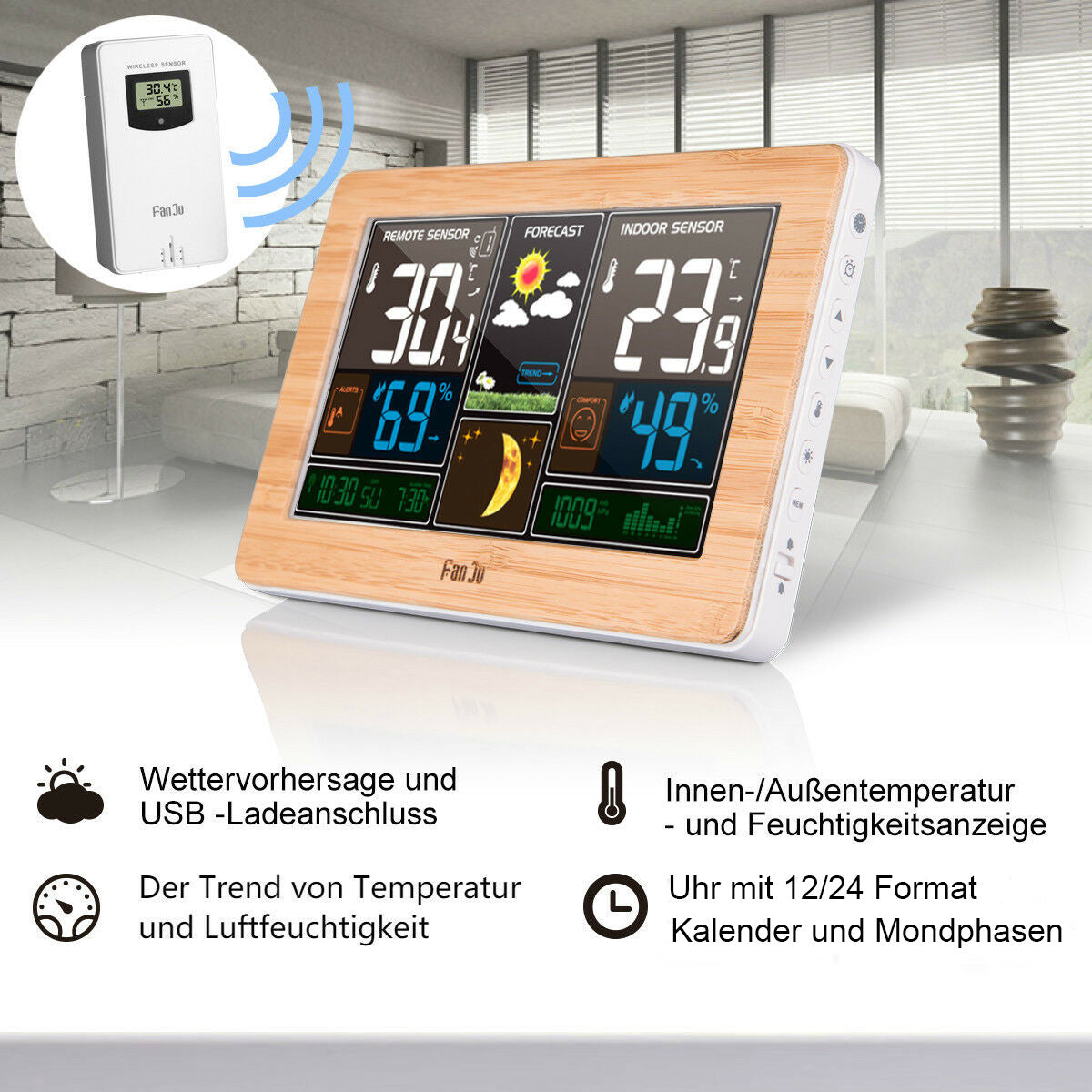 wireless weather station with outdoor sensor, indoor, outdoor temperature, moon phase