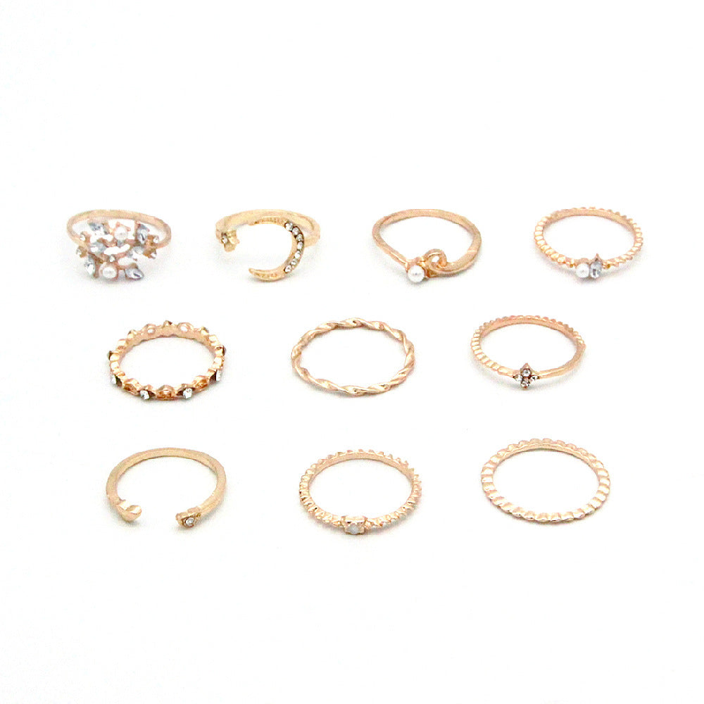 bohemian fashion star moon love pearl leaf 10-piece ring - lunastein