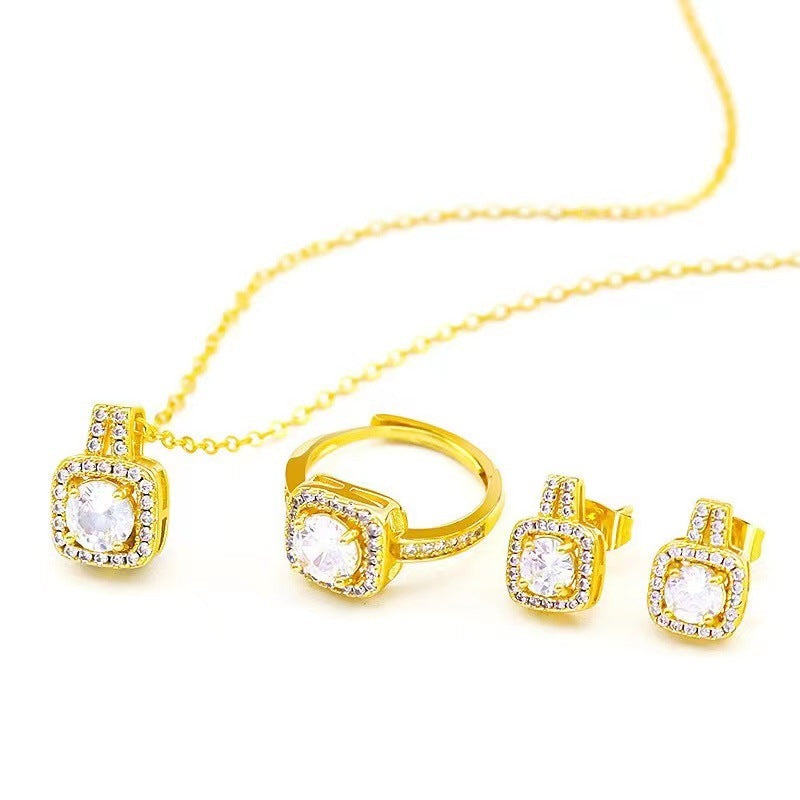 fashion jewelry set zircon gem pendant chain choker necklace for women gold color stud earring statement wedding ring - lunastein