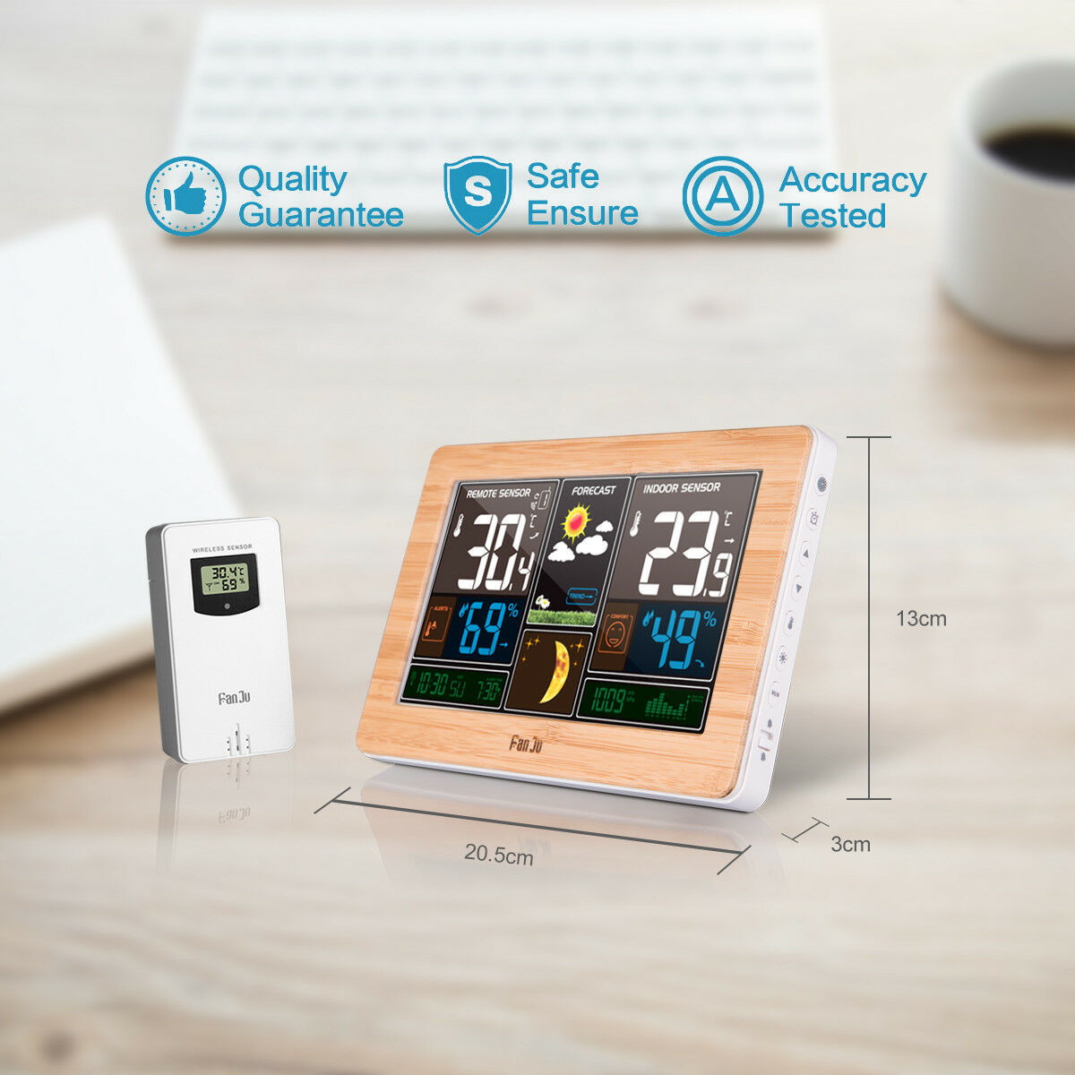 wireless weather station with outdoor sensor, indoor, outdoor temperature, moon phase