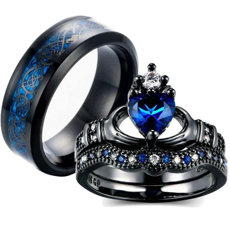 crownlove saphir – königlicher partnerring mit blauen & weißen kristallen für damen & herren - lunastein