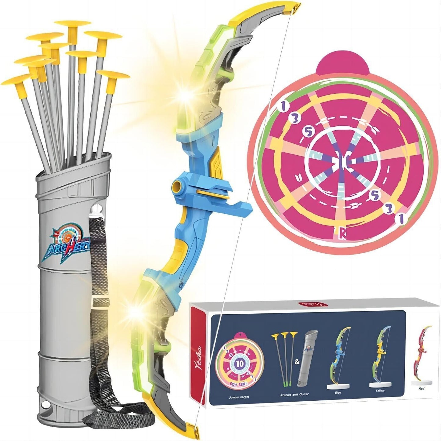 de bow & arrow toy set, led-lit archery toy,10 suction cup arrows, targets and arrow holders, indoor and outdoor children's toys suitable for boys and girls.logistics is randomly sent by dhl,dpd