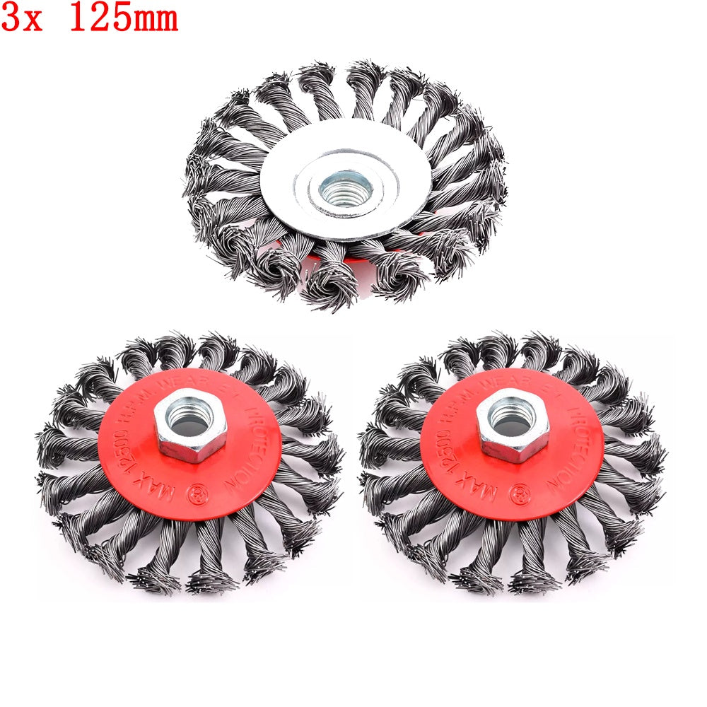 3x pot brush wire brush 125mm m14 knotted cone brush flex and angle grinder