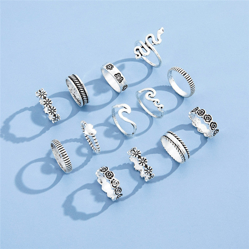 flowerlove geometrik ring – 13-teiliges vintage-ringset in silberoptik - lunastein - schmuck