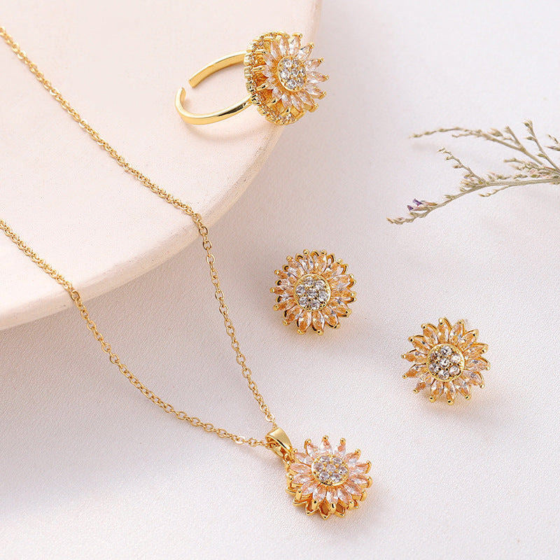 classic charm sunflower flower stainless steel necklace earrings fashion exquisite micro seed jewelry ring - lunastein