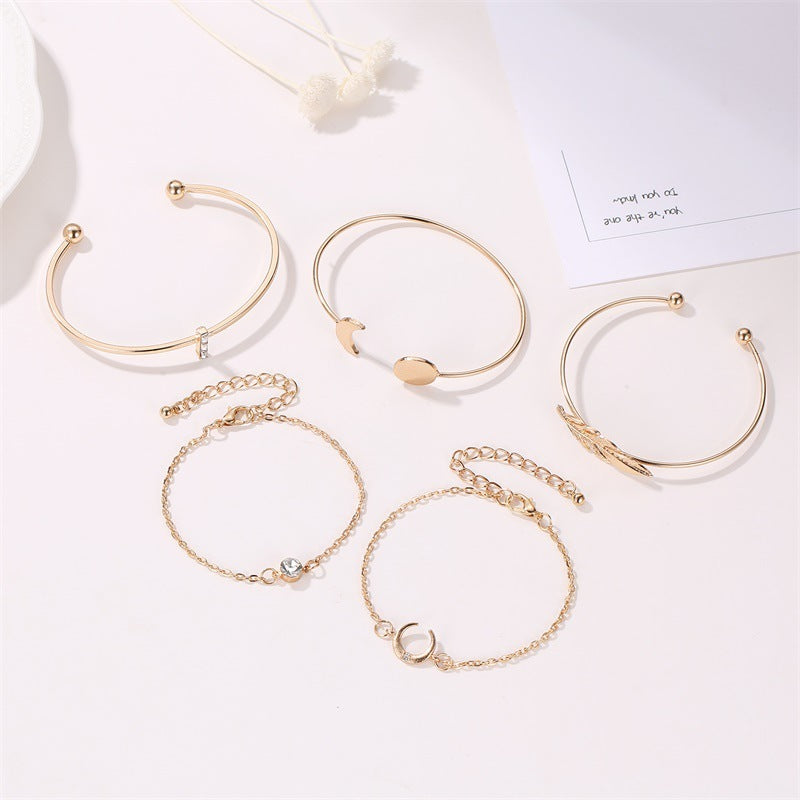 five pieces ladies bracelets boho punk moon leaf crystal protein bracelet set boho beach bracelet jewelry - lunastein