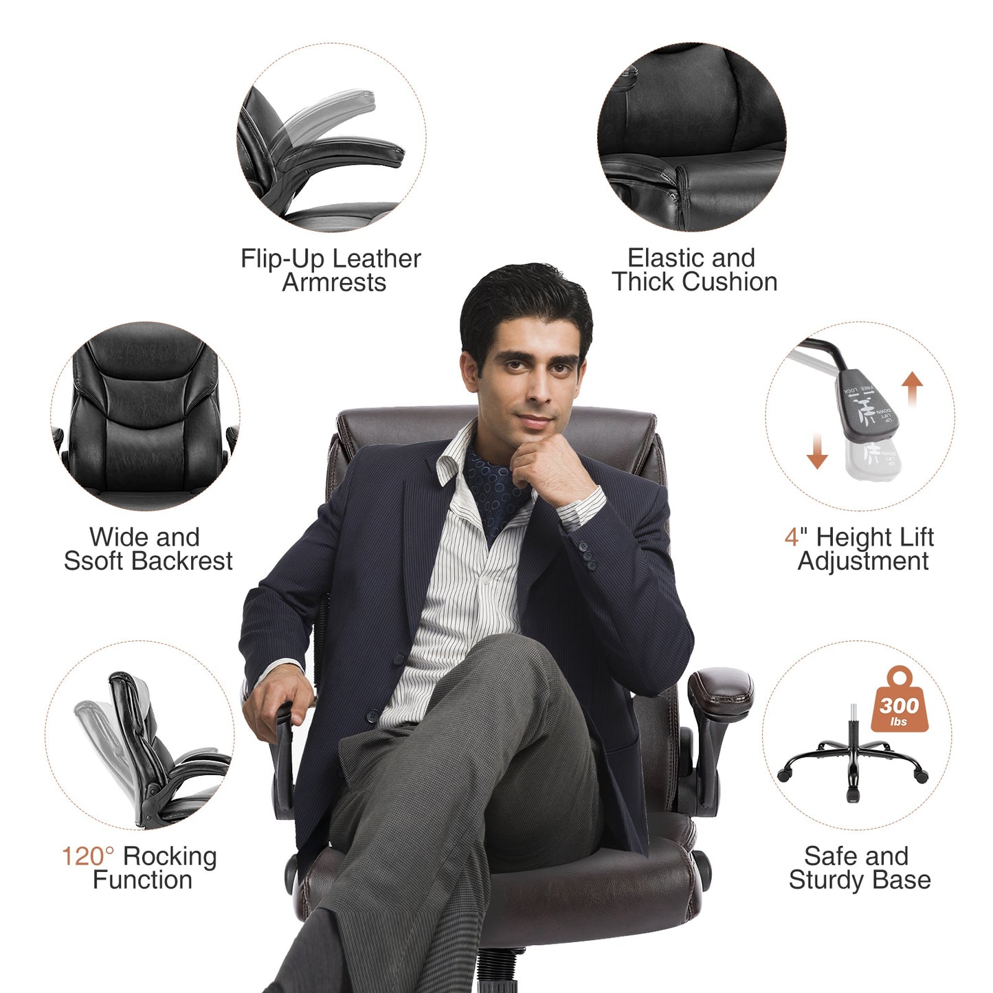 pu leather office chair with adjustable flip-up armrest,lumbar support, strong metal base
