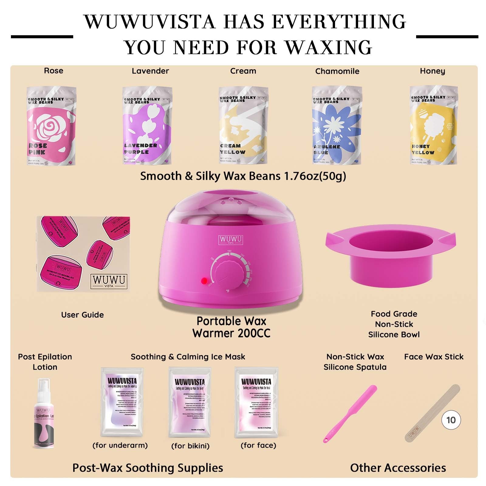 Waxing Kit WUWUVISTA 23 Items Hair Removal Wax Kit With Wax Warmer Waxing Beads For Face, Brazilian, Full Body, Bikini, Sensitiive Skin  Skin Suitable For Plugs Of American, European Specification SchmuckNeu