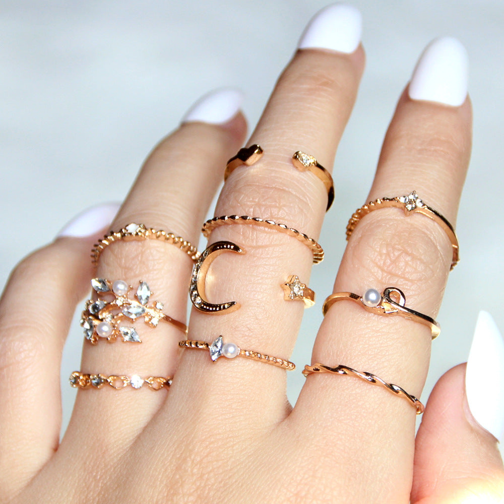 bohemian fashion star moon love pearl leaf 10-piece ring - lunastein