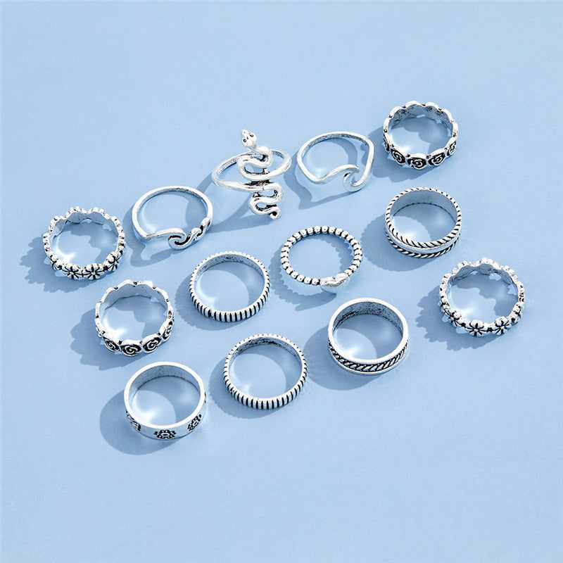 flowerlove geometrik ring – 13-teiliges vintage-ringset in silberoptik - lunastein - schmuck