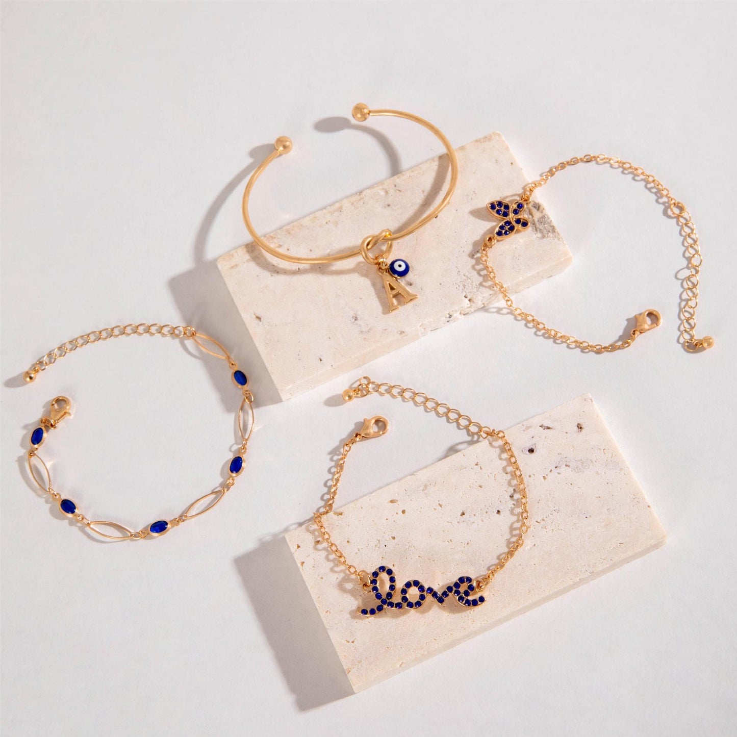 4pcs blue flower love butterfly bracelet set with rhinestones design valentines day - lunastein
