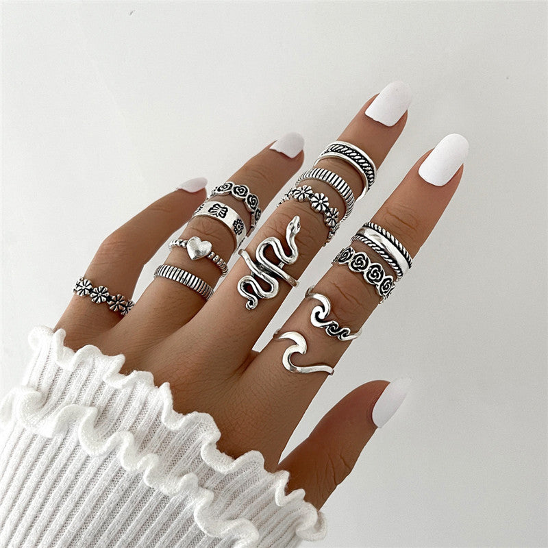 flowerlove geometrik ring – 13-teiliges vintage-ringset in silberoptik - lunastein - schmuck