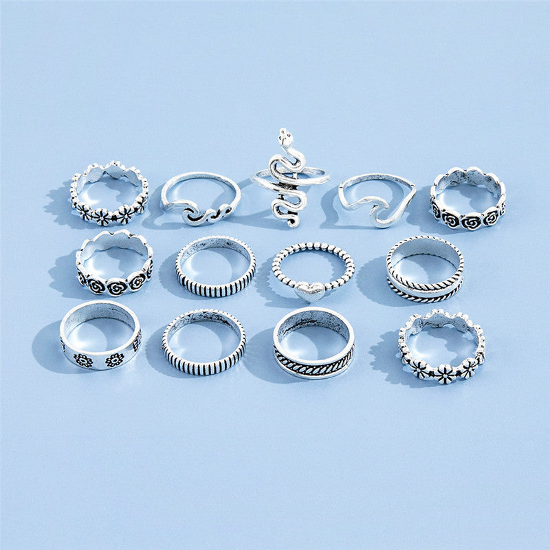 flowerlove geometrik ring – 13-teiliges vintage-ringset in silberoptik - lunastein - schmuck