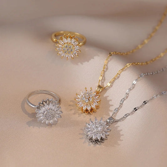 Classic Charm Sunflower Flower Stainless Steel Necklace Earrings Fashion Exquisite Micro Seed Jewelry Ring - Lunastein