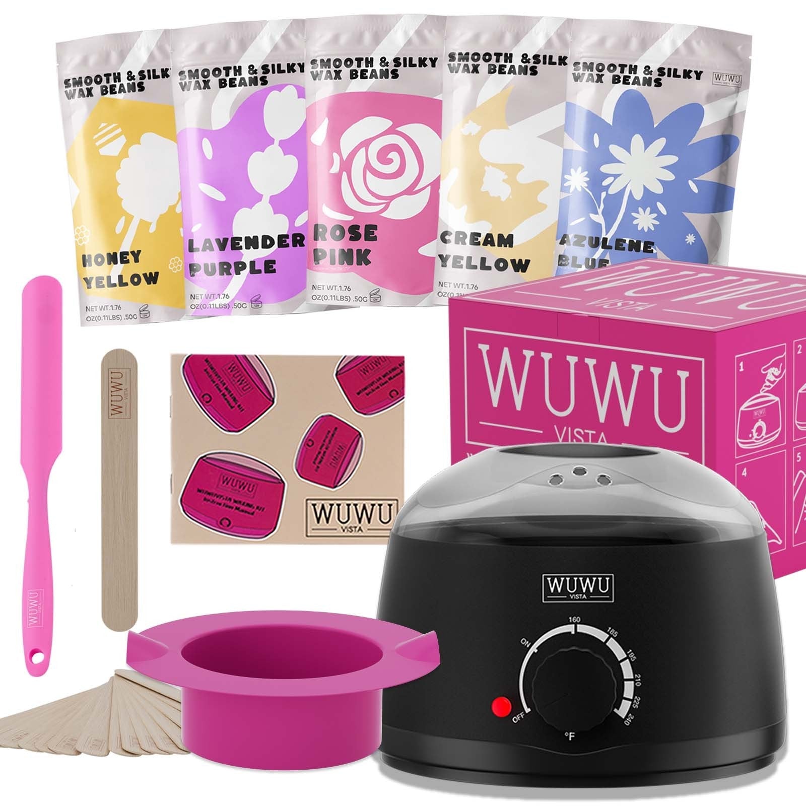 Waxing Kit 19 Items, WUWUVISTA Hair Removal Wax Kit With Wax Melt Warmer Waxing Beads For Face, Brazilian, Full Body, Bikini Suitable For Plugs Of American & European Specifications SchmuckNeu