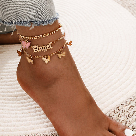 Golden Angel – 3-teiliges Fußkettchen-Set mit Butterfly & Schriftzug - Lunastein - Schmuck