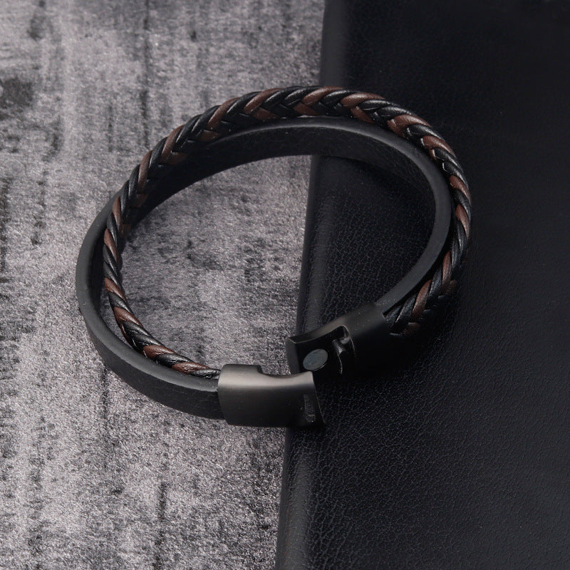 Leather Cord Stainless Steel Braided Bracelet Black Men SchmuckNeu