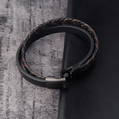 Leather Cord Stainless Steel Braided Bracelet Black Men SchmuckNeu