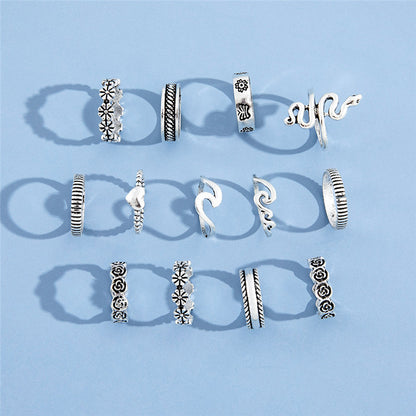Flowerlove Geometrik Ring – 13-teiliges Vintage-Ringset in Silberoptik - Lunastein - Schmuck