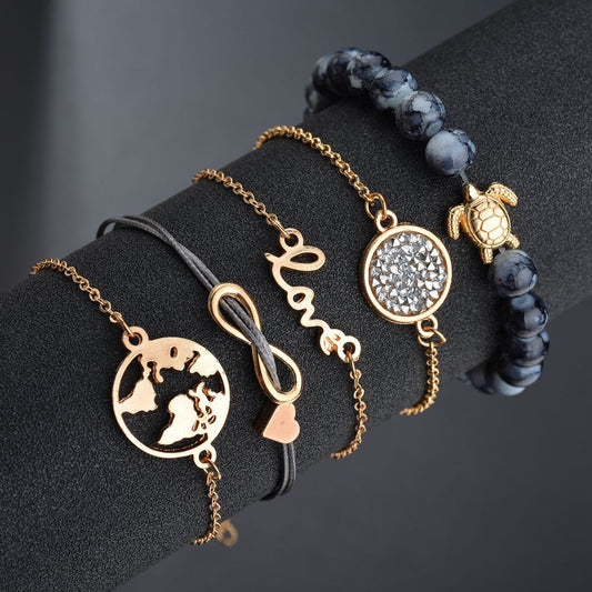 Vintage Turtle Heart Map Charm Bracelets Set For Women 2 New Design Stone Beads Infinite Bracelet Boho Jewelry Wholesale - Lunastein