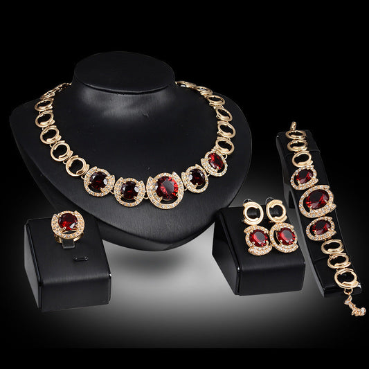 Wedding Bridal Accessories Gold Color Crystal Green Red Zircon Pendant Necklace Earrings Ring Women Wedding Bridal Jewelry Sets SchmuckNeu