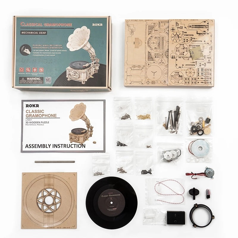 Robotime ROKR DIY Hand Crank Classic Gramophone Wooden Puzzle Model Building Kits Assembly Toy Gift For Children LKB01 SchmuckNeu