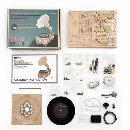 Robotime ROKR DIY Hand Crank Classic Gramophone Wooden Puzzle Model Building Kits Assembly Toy Gift For Children LKB01 SchmuckNeu