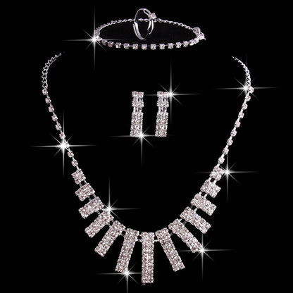 4 Pieces Rhinestones Necklace Set With Earrings Ring And Bracelet Fashion Jewelry For Women - Lunastein