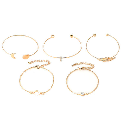Five Pieces Ladies Bracelets Boho Punk Moon Leaf Crystal Protein Bracelet Set Boho Beach Bracelet Jewelry - Lunastein