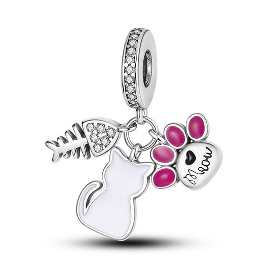 Meow Cat Charm – Katzenanhänger mit Pfote, Fischgräte & Emaille - Lunastein