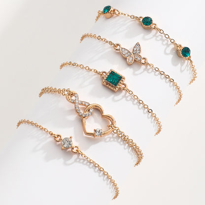Bohemian 5pc Green Crystal Bracelets Jewelry Set For Women Heart Bracelet Wedding Engagement Bracelet Fashion Jewelry - Lunastein