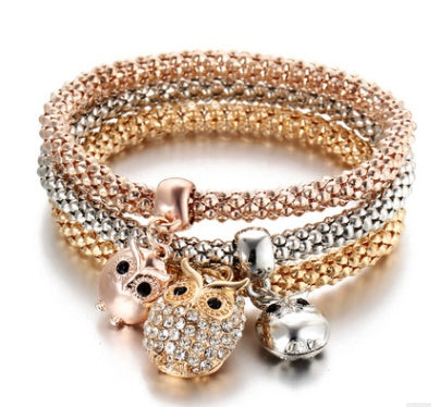 3 Pieces Set Crystal Bead Bracelet for Women Decorated with Crystal Owl Charm - Lunastein