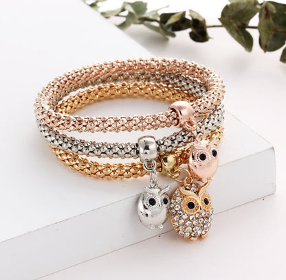 3 Pieces Set Crystal Bead Bracelet for Women Decorated with Crystal Owl Charm - Lunastein