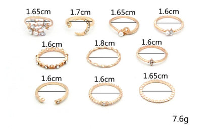 Bohemian Fashion Star Moon Love Pearl Leaf 10-Piece Ring - Lunastein