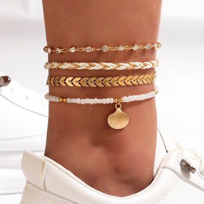 4pcs Set Bohemian Woven Rope Foot Chain For Men And Women Geometric Alloy Black Beads Dropping Oil Anklet Set Summer Fashion Jewelry - Lunastein