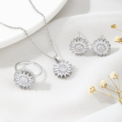 Classic Charm Sunflower Flower Stainless Steel Necklace Earrings Fashion Exquisite Micro Seed Jewelry Ring - Lunastein